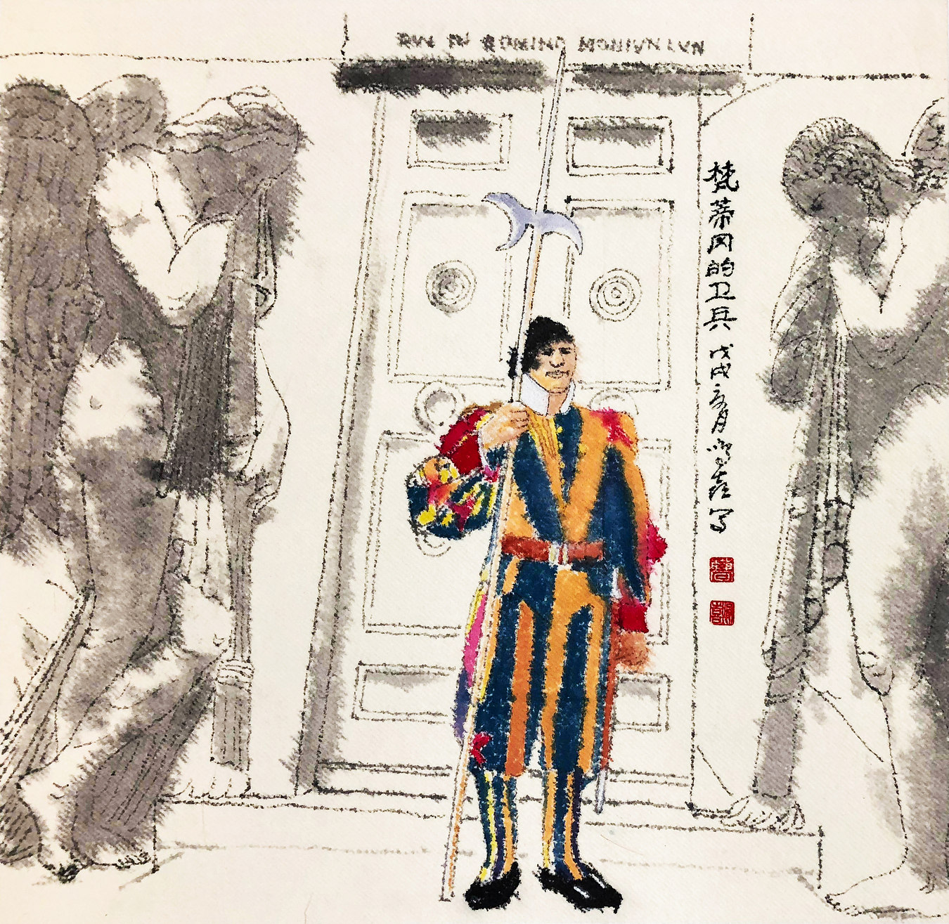 《梵蒂冈的卫兵》40×40cm 餐巾布画 2018年8月